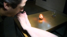 Light femdom and foot fetish play with brunette