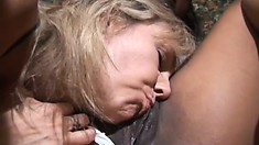 Blonde hussy enjoys mutual oral sex with a curvy ebony hottie