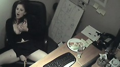 Hot receptionist gets caught masturbating in the office by a hidden cam