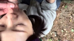Hiking BJ: her tiny mouth can't contain the flood of sperm