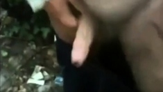 Old man wanking his uncut cock outside